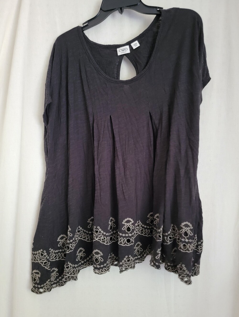 Cato Black Short Sleeve Tunic with Cream Embroidered Hem